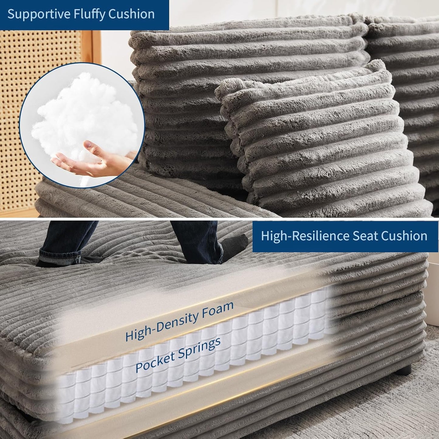 60-Inch Oversized Chaise Lounge Chair Indoor, Comfy Corduroy Lounge Sofa with Charging Station, Cup Holders & Throw Pillows, Cozy Sleeper Couch for Living Room Apartments, Grey