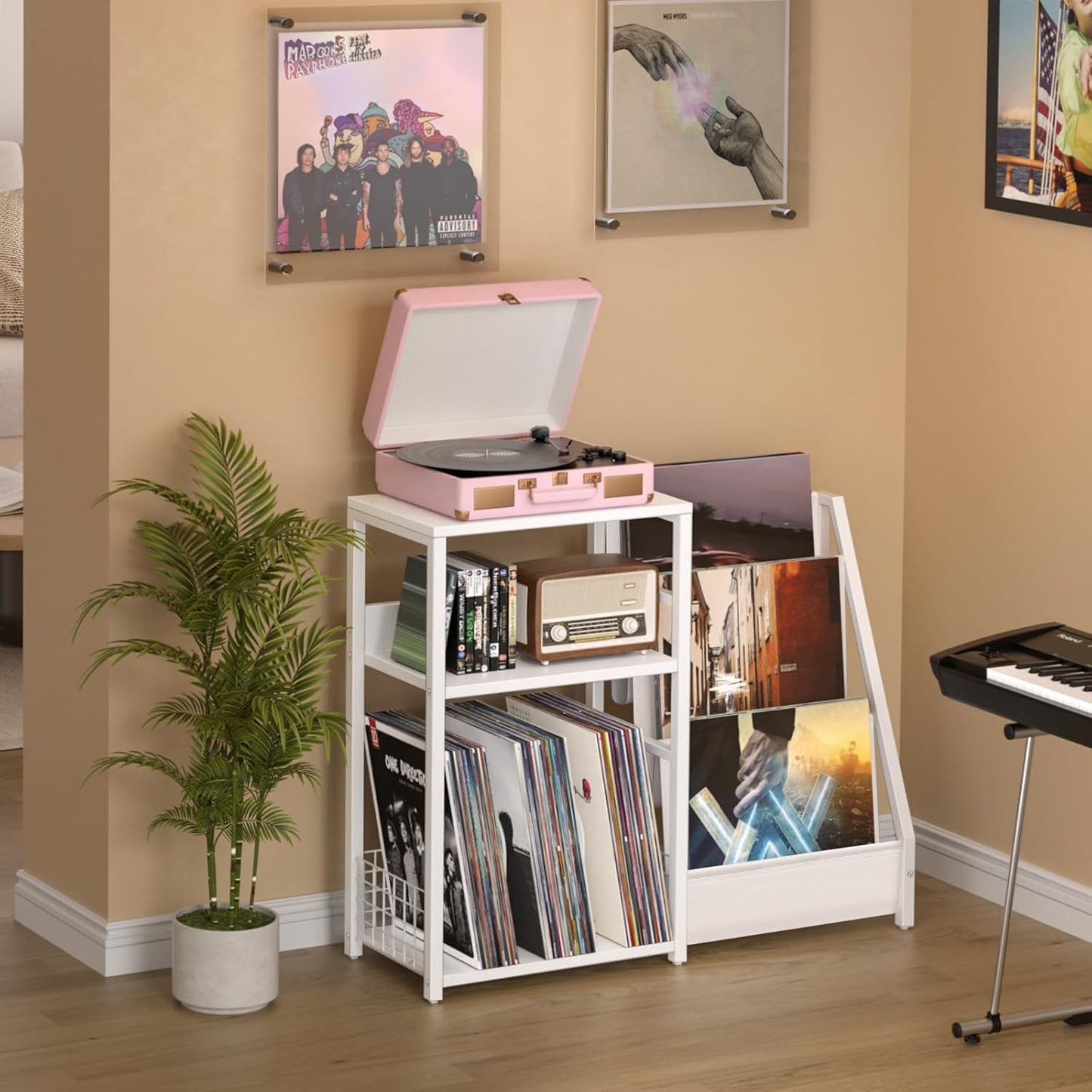 Record Player Table,Turntable Shelf with Vinyl Storage up to 150 Albums,White Side Table with 3 Tier Magazine Periodical Book Rack,Wide Metal Record Holder Cabinet for Room Office
