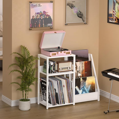Record Player Table,Turntable Shelf with Vinyl Storage up to 150 Albums,White Side Table with 3 Tier Magazine Periodical Book Rack,Wide Metal Record Holder Cabinet for Room Office
