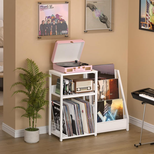 Record Player Table,Turntable Shelf with Vinyl Storage up to 150 Albums,White Side Table with 3 Tier Magazine Periodical Book Rack,Wide Metal Record Holder Cabinet for Room Office