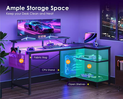 48 Inch Gaming Desk with USB Charging Ports and LED Lights, Reversible L Shaped Computer Desk with Storage Shelves & Monitor Stand, Corner Gamer Desk Table with Power Outlets, Black