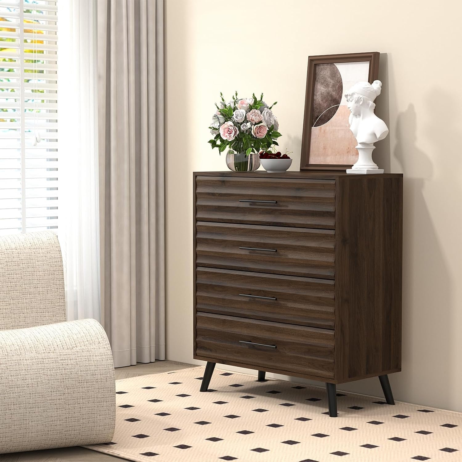 4 Drawers Dresser for Bedroom, Walnut Chest of Drawers with Large Storage Capacity, Wooden Storage Dresser Organizer for Bedroom Nursery Living Room Hallway Closet(4-Drawer)