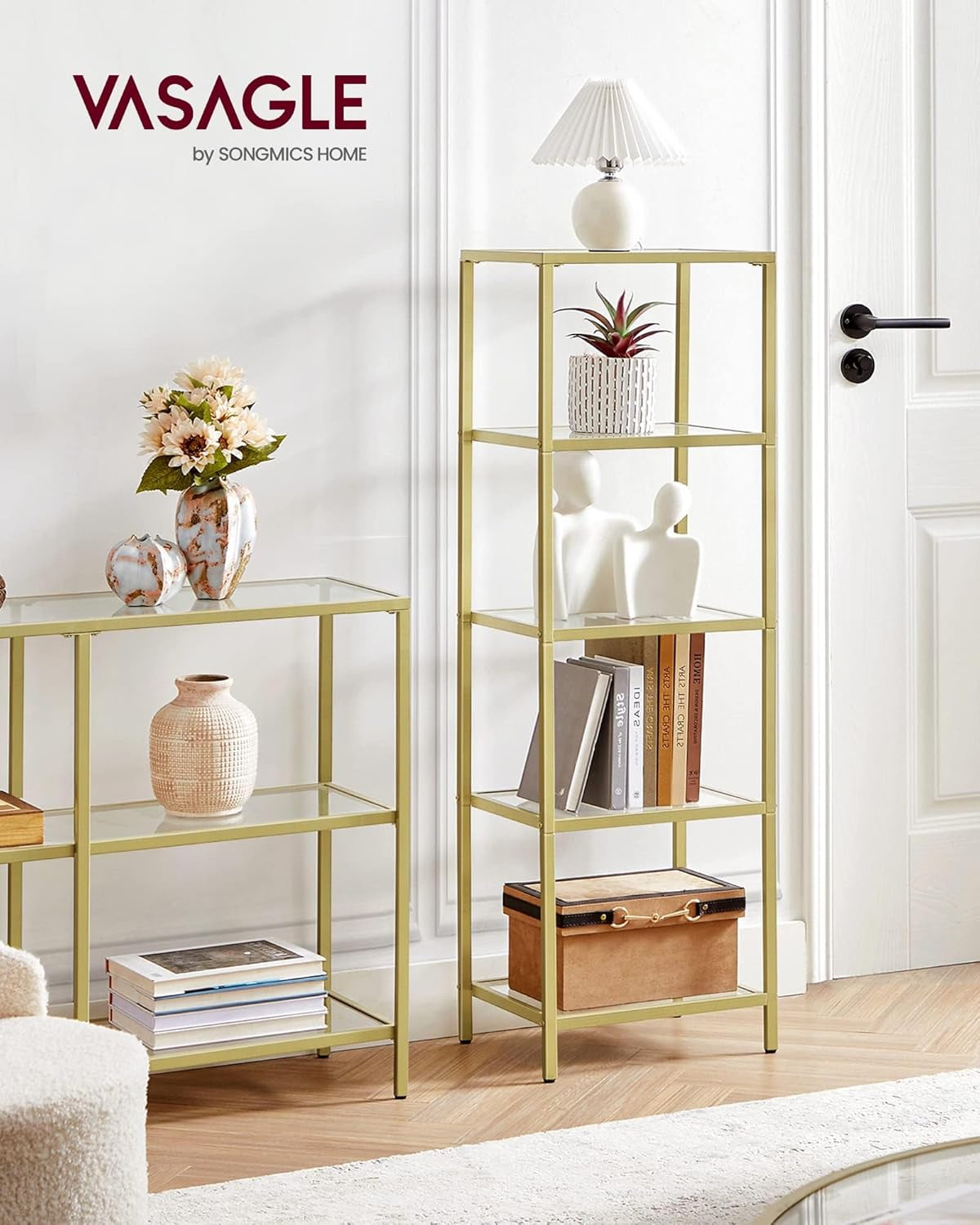 Bookcase, 4-Tier Bookshelf, Slim Shelving Unit for Bedroom, Bathroom, Home Office, Tempered Glass, Steel Frame, Ink Black ULGT028B61