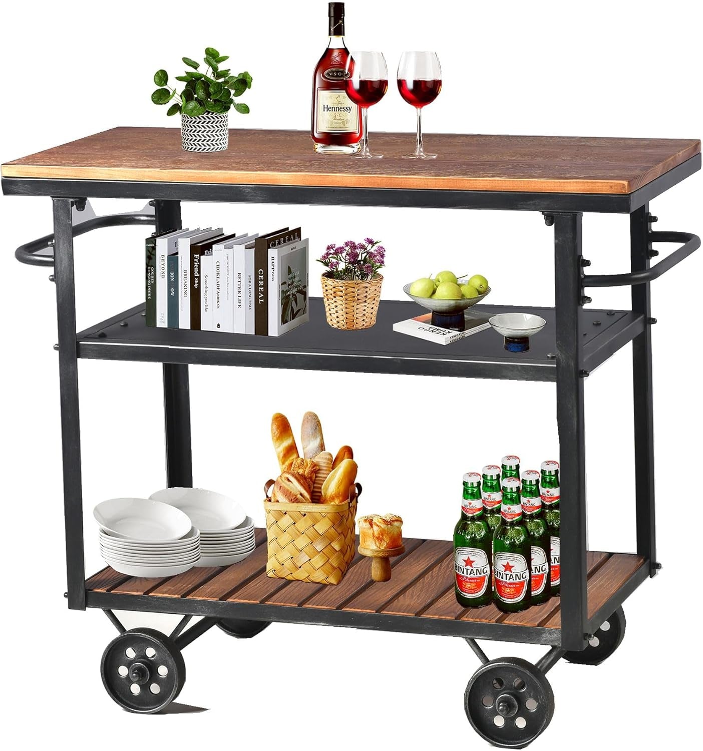 Industrial 3 Tier Rolling Utility Storage Cart Wine Beverage, Metal Wine Rack with Wheels Kitchen Bar Dining Room Tea Wine, Storage Cart with Wood
