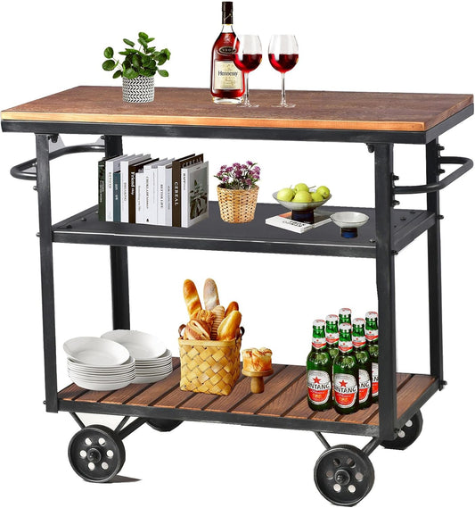 Industrial 3 Tier Rolling Utility Storage Cart Wine Beverage, Metal Wine Rack with Wheels Kitchen Bar Dining Room Tea Wine, Storage Cart with Wood