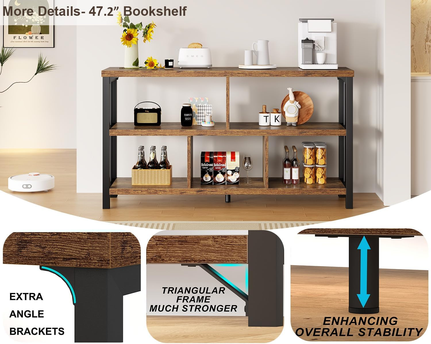 Farmhouse 3 Tier Open Book Shelf, Wood and Metal 5 Cube Storage Organizer, Modern Low Horizontal Bookshelf for Bedroom Living, Long Wide Office Cubby Bookcase with Storage, Rustic Brown, 47 Inch