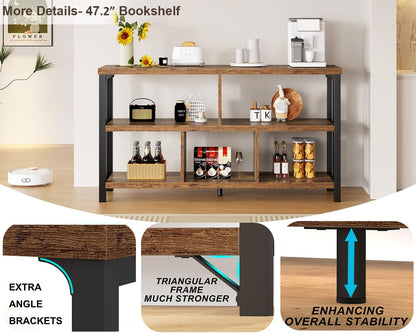 Farmhouse 3 Tier Open Book Shelf, Wood and Metal 5 Cube Storage Organizer, Modern Low Horizontal Bookshelf for Bedroom Living, Long Wide Office Cubby Bookcase with Storage, Rustic Brown, 47 Inch