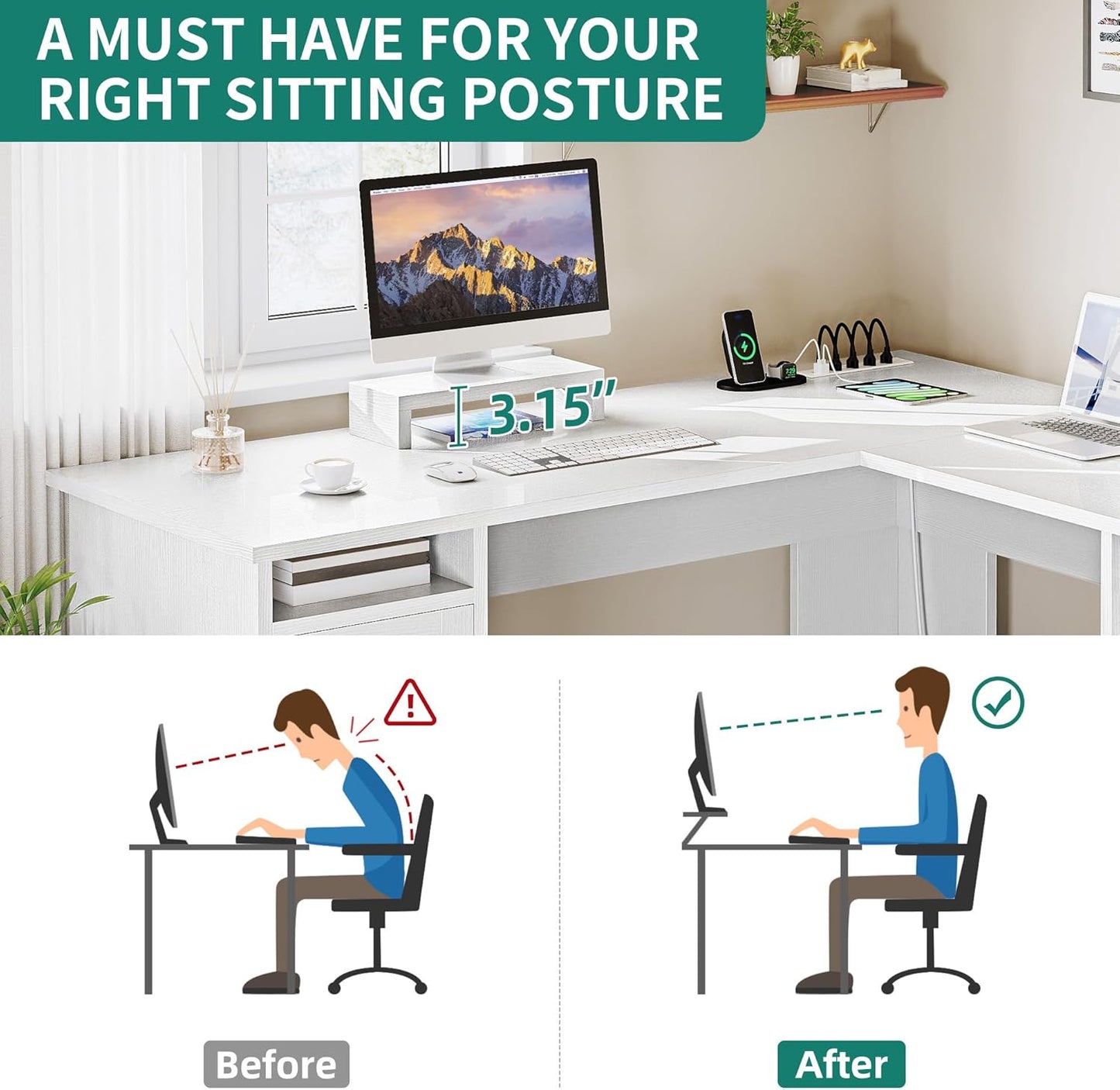 L Shaped Desk with Power Outlets, 60 Inch Computer Desk Corner Desk with File Drawer, Home Office Desk with Monitor Stand & Storage Shelves, L-Shaped Desk with File Cabinet, White