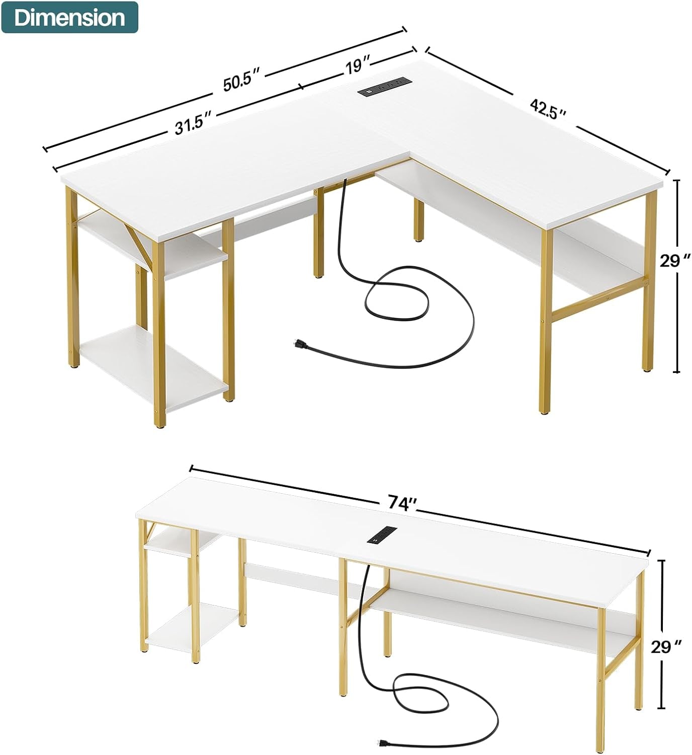 Reversible L Shaped Desk with Magic Power Outlets and USB Charging Ports, Sturdy Corner Computer Desk with Storage Shelves, Gaming Table Home Office Desk, Easy to Assemble, White and Gold