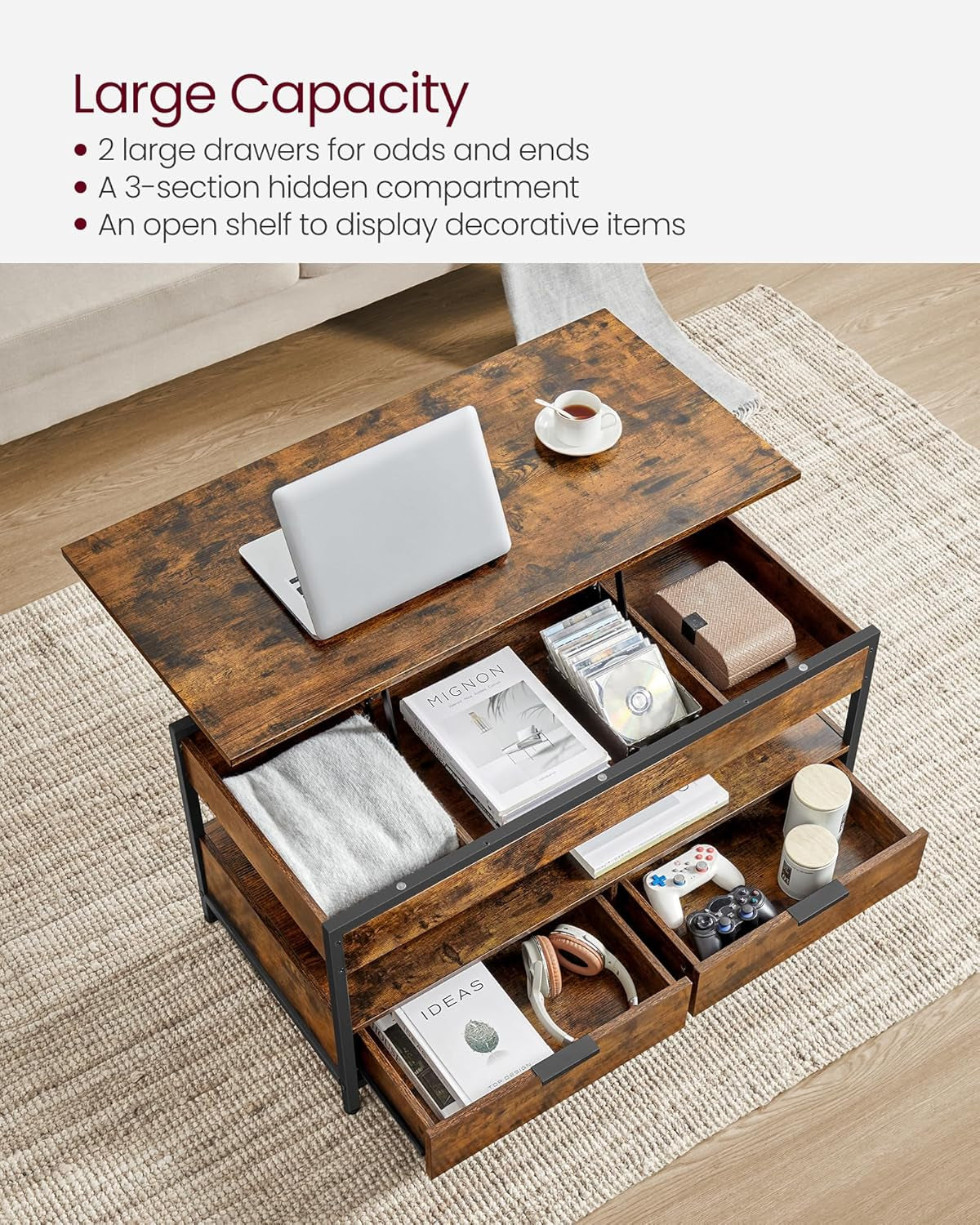 Lift Top Coffee Table with Storage Drawers, Coffee Table for Living Room with Lifting Top, Hidden Compartments and Open Shelf, Rustic Brown and Ink Black ULCT209K01