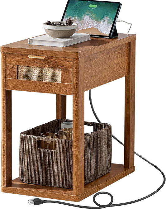 Narrow Side Table with Charging Station, 24X14''Rattan Night Stand with Drawer Storage, Brown Bedside End Table with Metel Handle for Small Spaces Wood Boho Nightstand for Living Room Bedroom