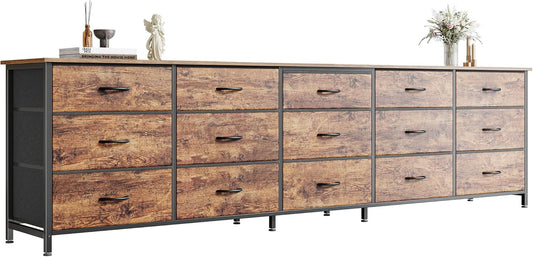 78.7 Inch Long Dresser for Bedroom, 15 Drawer Fabric Dresser for Closet, Large TV Stand for 65, 75, 85 Inch TV, Wide Chest of Drawer with Storage, 78.7" W X 12.9" D X 26.7" H, Rustic Brown