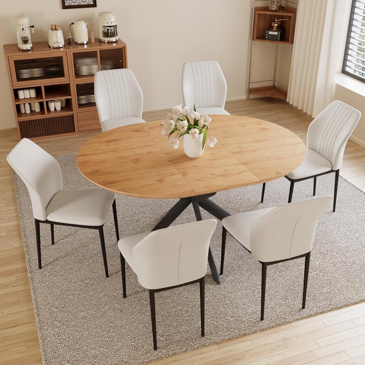 43.2"-59.1" Extendable round Dining Table Set, Kitchen Table for 4-6 Person with Scratch-Resistant Thickened MDF Board, Oak Coffee Table W/Metal Legs