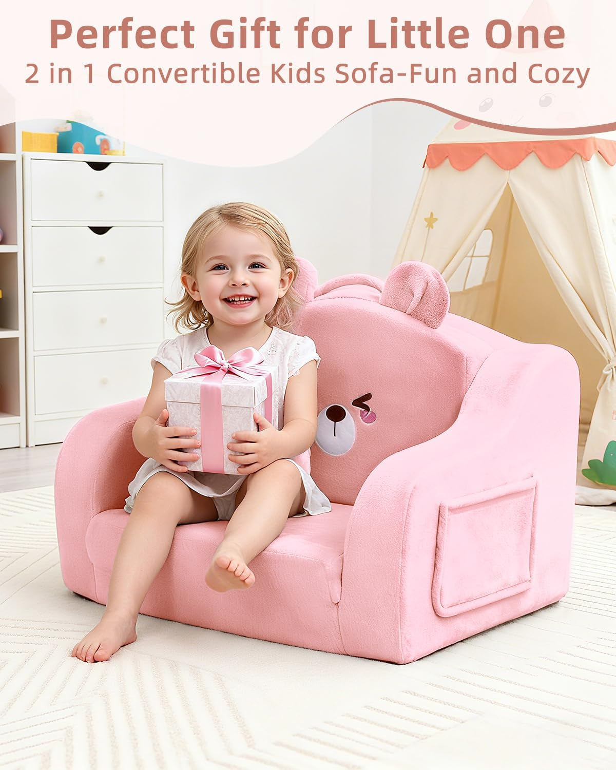 Kids Couch,Toddler Chairs Comfy 1-3 Years Old, 2-In-1 Soft Toddler Couches Fold Out,Convertible Sofa to Lounger for Girls and Boys,Cuddly Kids Floor Furniture for Playroom,Pink Bear
