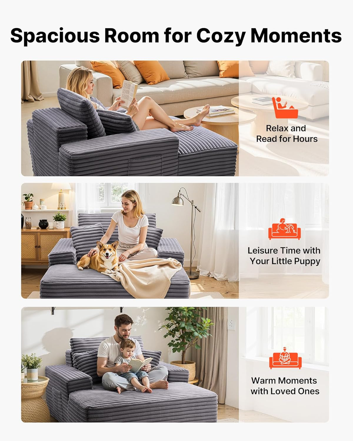 Chaise Lounge Chair, 48 in Boneless Chaise Lounge Indoor, Modern Upholstered Oversized Reading Chair with Throw Pillows & Armrests, Sofa Couch Deep Seat Sleeper for Living Room, Bedroom, Balcony