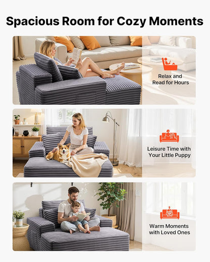 Chaise Lounge Chair, 48 in Boneless Chaise Lounge Indoor, Modern Upholstered Oversized Reading Chair with Throw Pillows & Armrests, Sofa Couch Deep Seat Sleeper for Living Room, Bedroom, Balcony