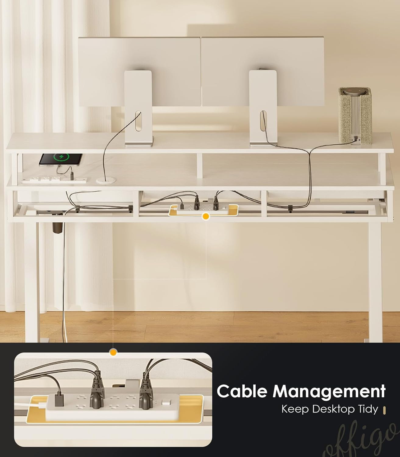 Electric Standing Desk with Drawers, 55 Inch Height Adjustable Desk with Power Outlets & LED Lights, Sit Stand Table with Monitor Stand for Home, Office, Workstation, White