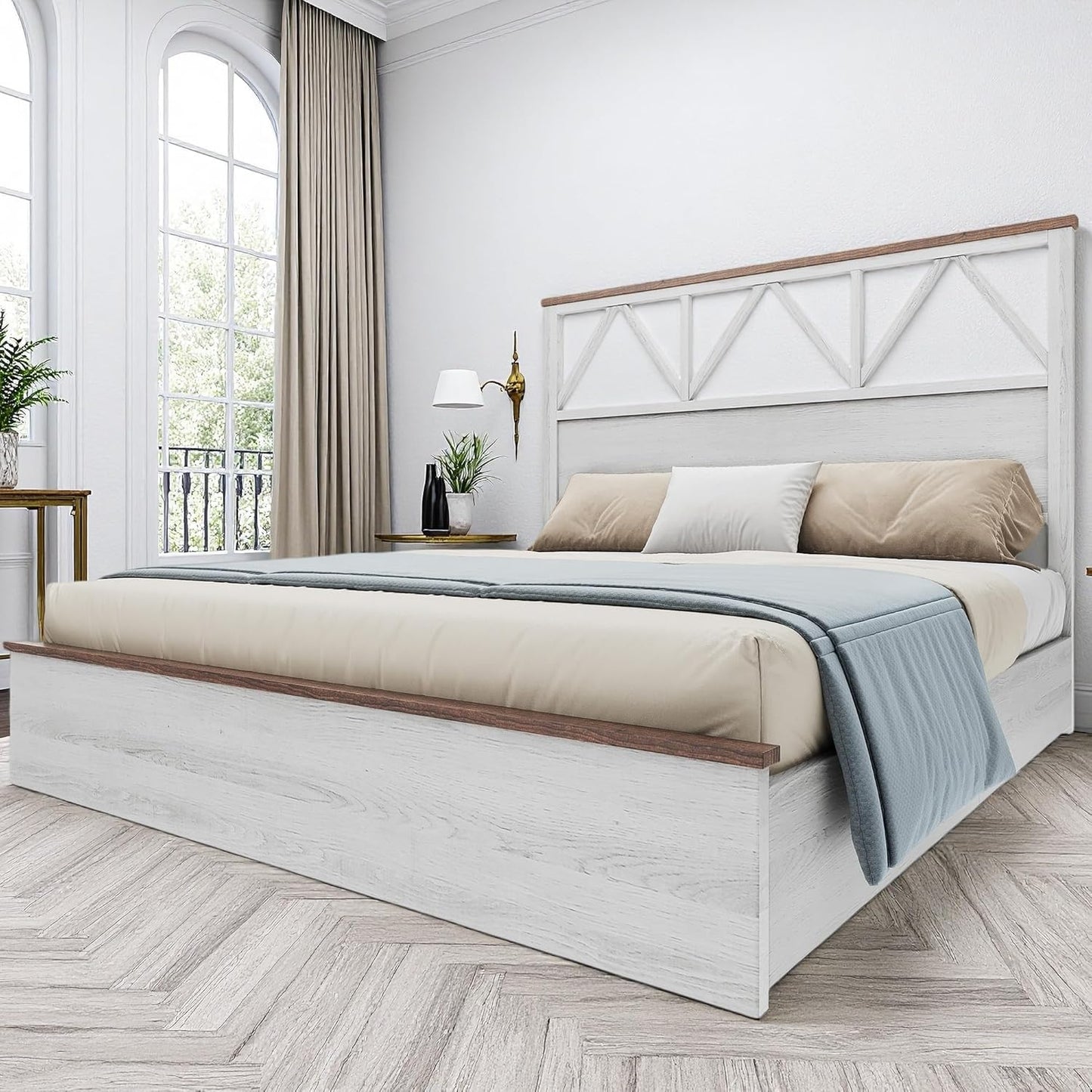 Farmhouse Queen Size Bed Frame with 47.2'' Headboard, Platform Rustic Wood Bed Frame with Slats, Sturdy and Noiseless, No Spring Needed, White