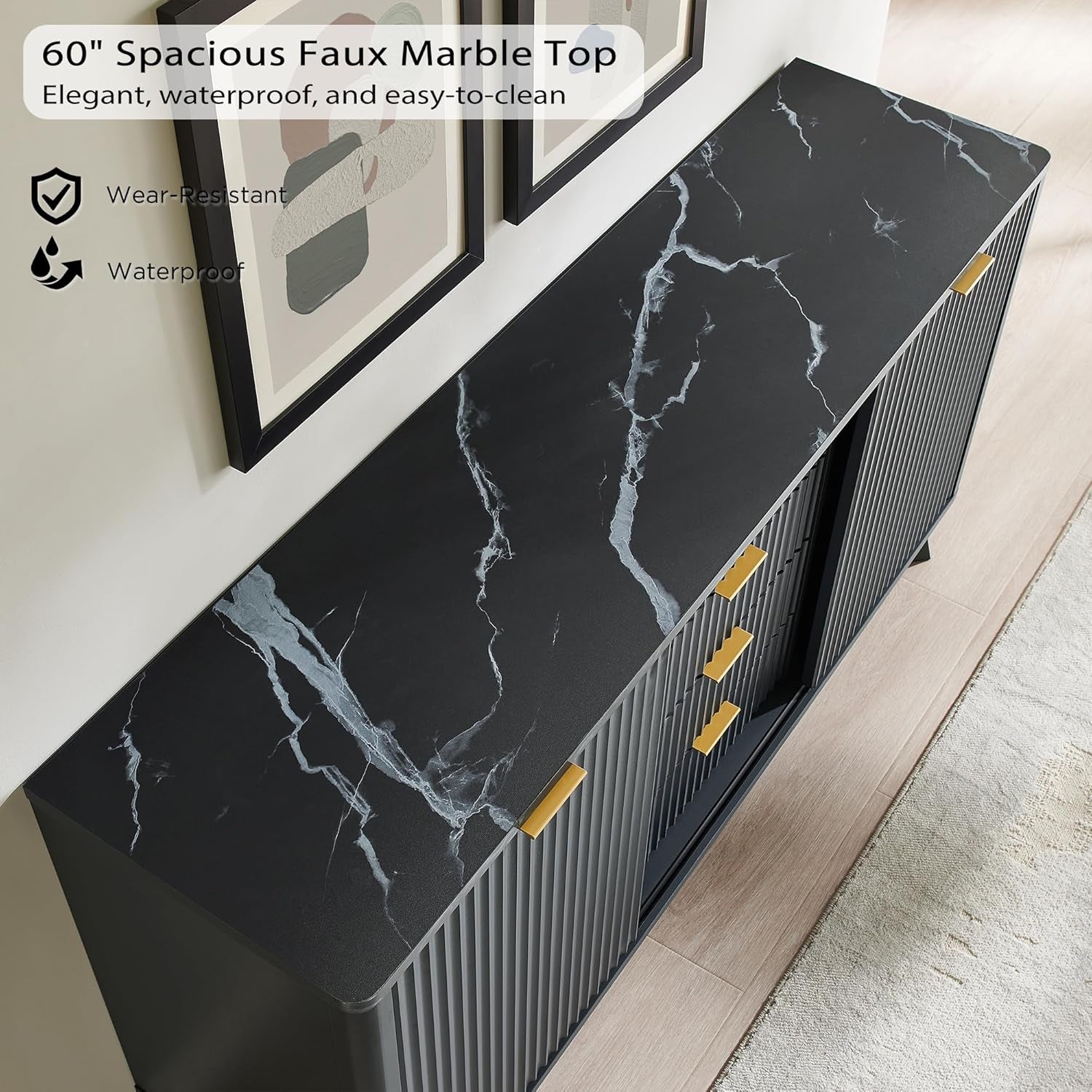 Fluted Buffet Cabinet, 60" Modern Sideboard with Sliding Doors & 4 Drawers, Coffee Bar Table with Storage, Faux Marble Top and Curved Profile Design for Dining Room, Living Room, Dark Grey