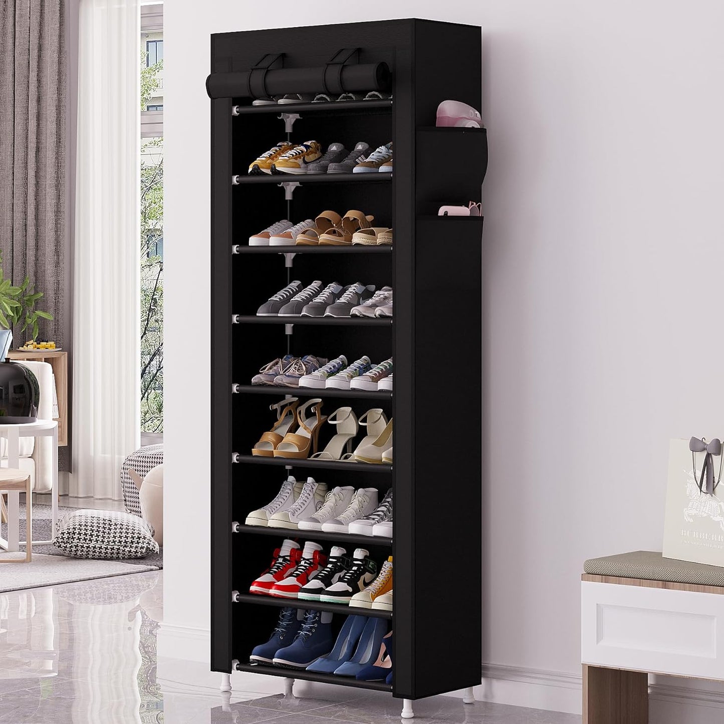 9 Tier Shoe Rack Organizer,Portable Shoe Shelf with Nonwoven Fabric Cover for Closet Hallway,Bedroom,Entryway, Ash Grey