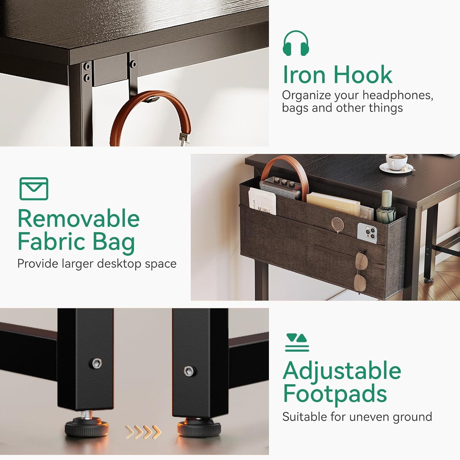 32-Inch Small Computer Desk with 4 Fabric Drawers — Home Office Desks with Storage, Writing Desk with Side Hook and Cloth Bag, Modern Study/Work Table for Bedroom and Small Space, Black