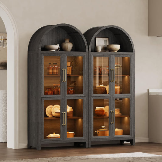 74" Display Cabinet with Glass Doors - Modern 5-Tier Arched Bookcase with Rechargeable 3-Color Lights & Motion Sensor, Large Pantry Cabinet for Kitchen Living Room Home Office, Dark Grey Oak