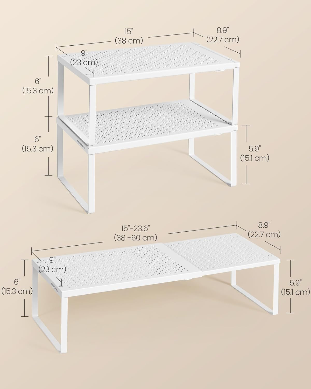 Spice Racks, Set of 2 Expandable Kitchen Countertop Shelves, Small Cupboard Organizers, Metal, Space-Saving Tabletop Shelves, Matte White UKCS402W01