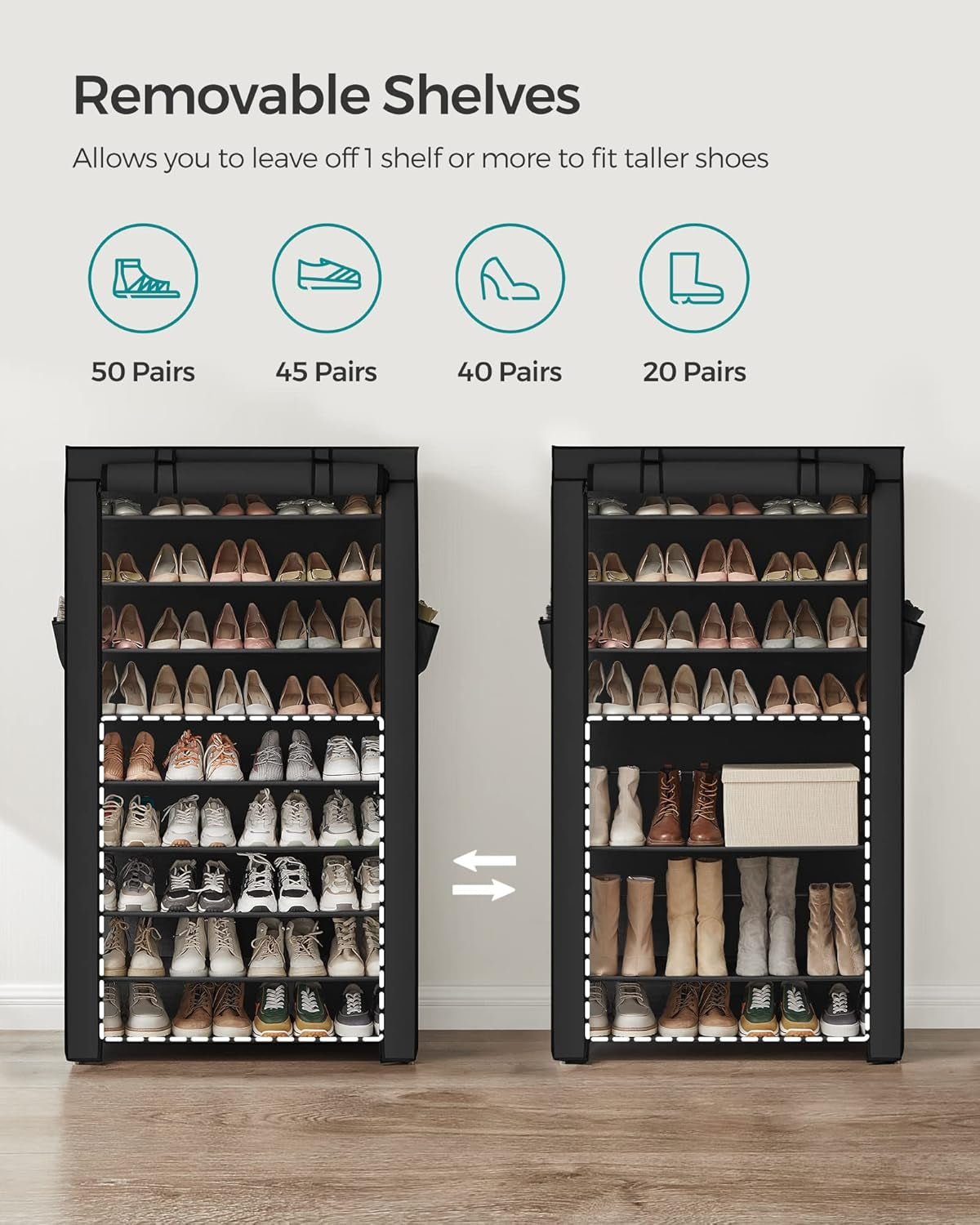 Shoe Rack with Non-Woven Fabric Cover, 9 Tier Storage Shelf for 40-50 Pairs of Shoes, Entryway, Suitable for Sneakers, High Heels, Flats, and Boots, Black URXJ36HV1