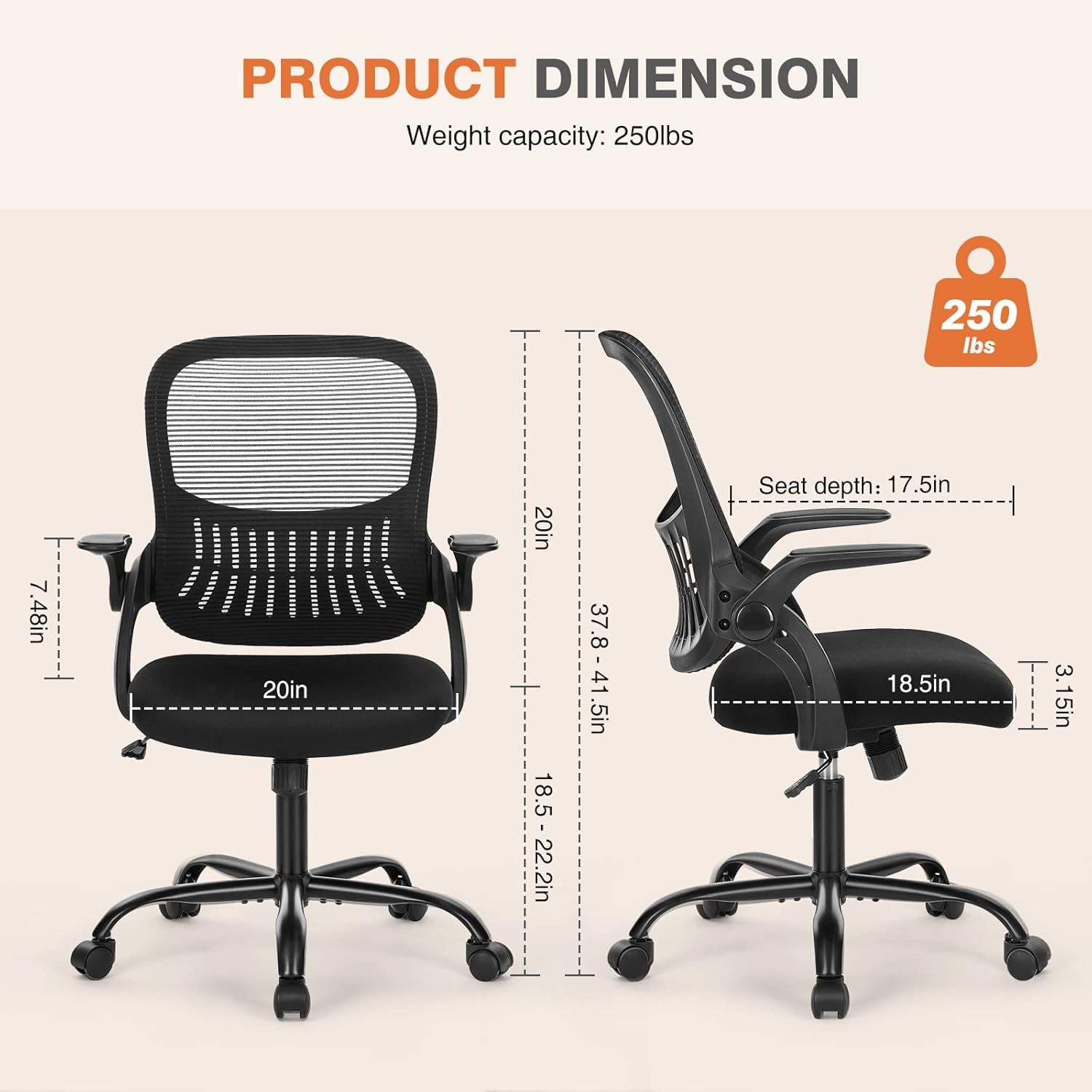 Office Computer Desk Chair, Ergonomic Mid-Back Mesh Rolling Work Swivel Task Chairs with Wheels, Comfortable Lumbar Support, Comfy Flip-Up Arms for Home, Bedroom, Study, Student, Black