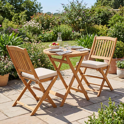 3Pcs Patio Bistro Set, Wood Folding Table Set, 2 Cushioned Chairs for Garden Yard, Outdoor Furniture round Table (Natural & Beige)