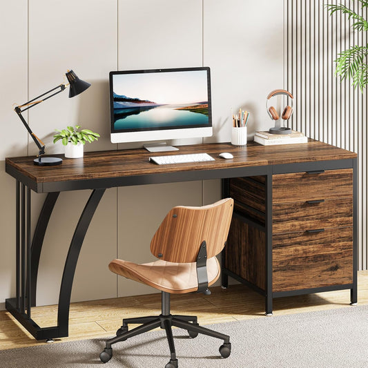Computer Desk with 3 Drawers, 59-Inch PC Desk with Reversible Drawers, Industrial Study Writing Table Workstation with File Storage for Home Office, Rustic Brown