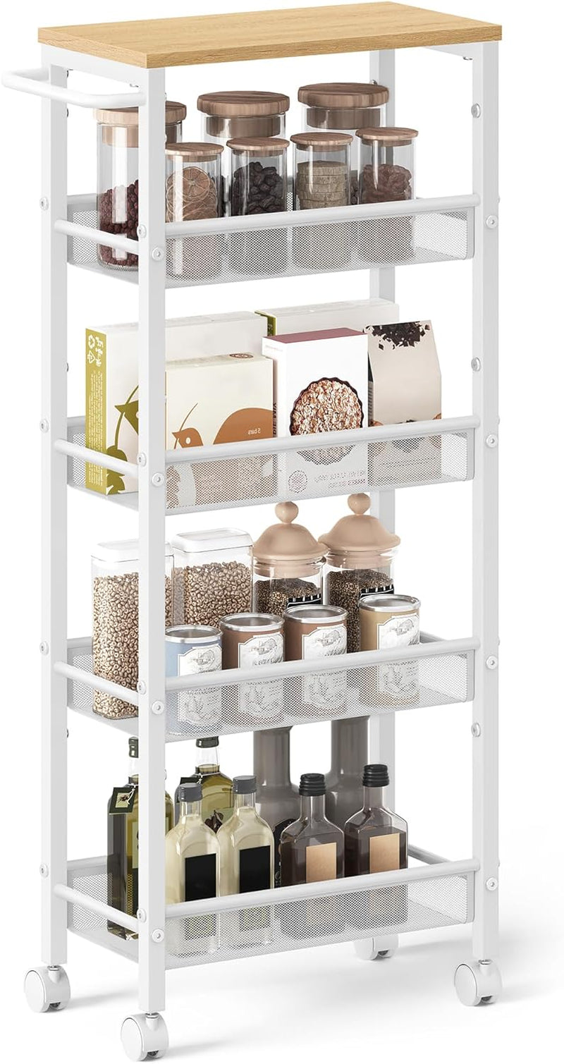 Slim Rolling Cart, 5-Tier Storage Cart, Narrow Cart with Handle, 8.7 Inches Deep, Metal Frame, for Kitchen, Dining Room, Living Room, Home Office, Oak Beige and Classic White ULRC035W09