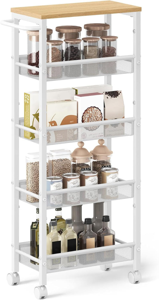 Slim Rolling Cart, 5-Tier Storage Cart, Narrow Cart with Handle, 8.7 Inches Deep, Metal Frame, for Kitchen, Dining Room, Living Room, Home Office, Oak Beige and Classic White ULRC035W09