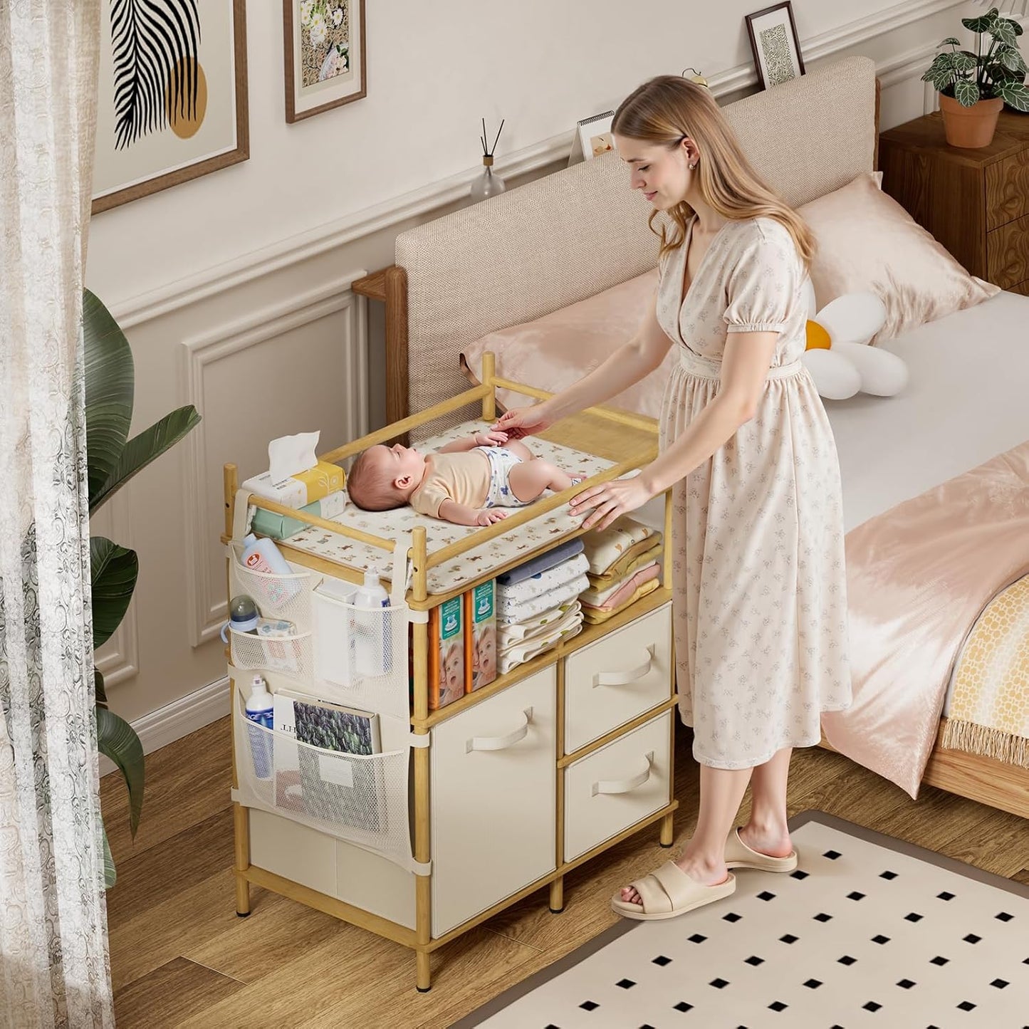 Baby Changing Table, Bamboo Diaper Changing Station with 3 Removable Storage Drawers, Baby Dresser Table with Flat Top, Large Storage Nursery Organizer Shelves with Pad, Mesh Pocket