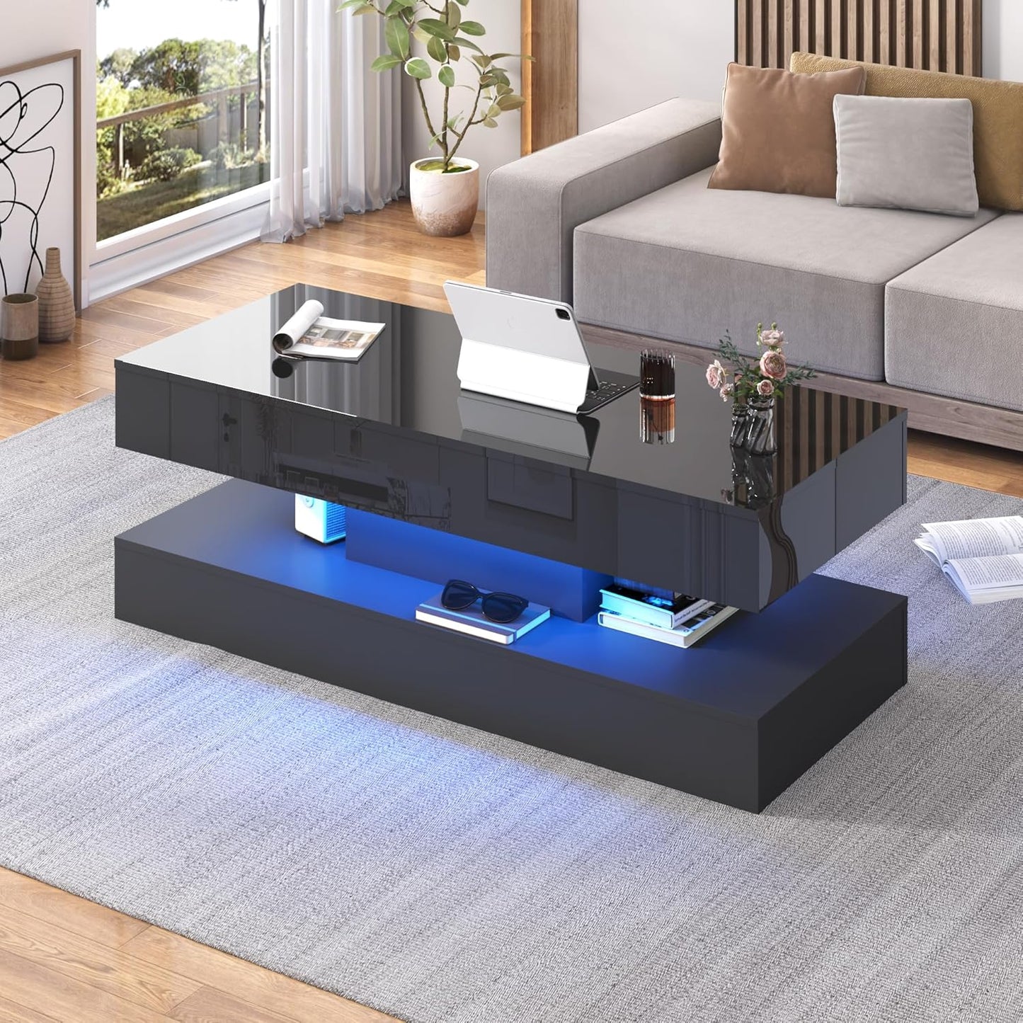 47.2" Large Lift Top Coffee Table,Modern High Glossy LED Coffee Tables for Living Room with Storage,Black Living Room Tables for Living Rooms,Dining Room,Bedroom Home Office,App LED Lights（Black）