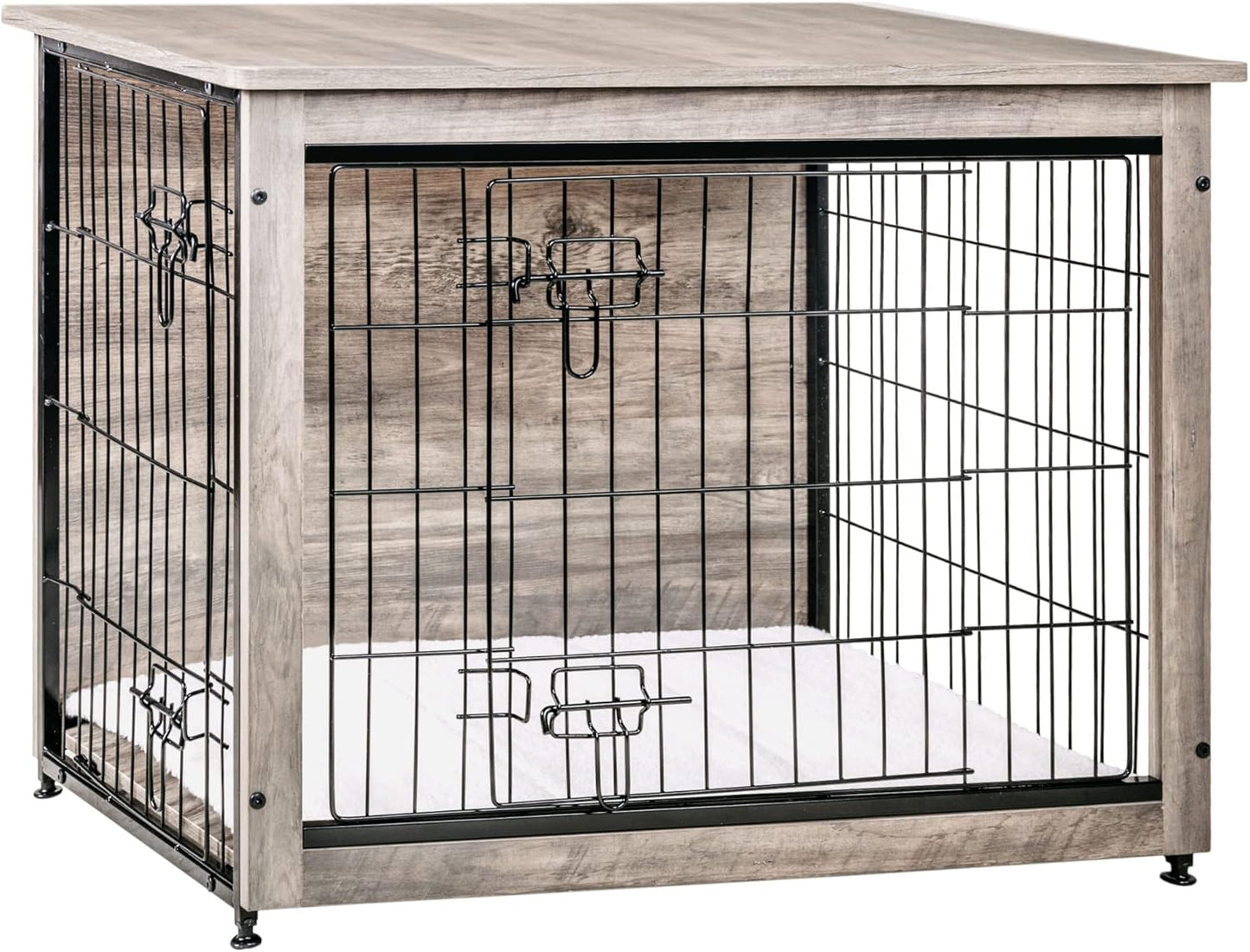 Dog Crate Furniture with Cushion, Wooden Kennel Table with Double Doors, Indoor Dog House, Medium Size, 32.5" L, Greige