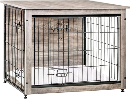 Dog Crate Furniture with Cushion, Wooden Kennel Table with Double Doors, Indoor Dog House, Medium Size, 32.5" L, Greige