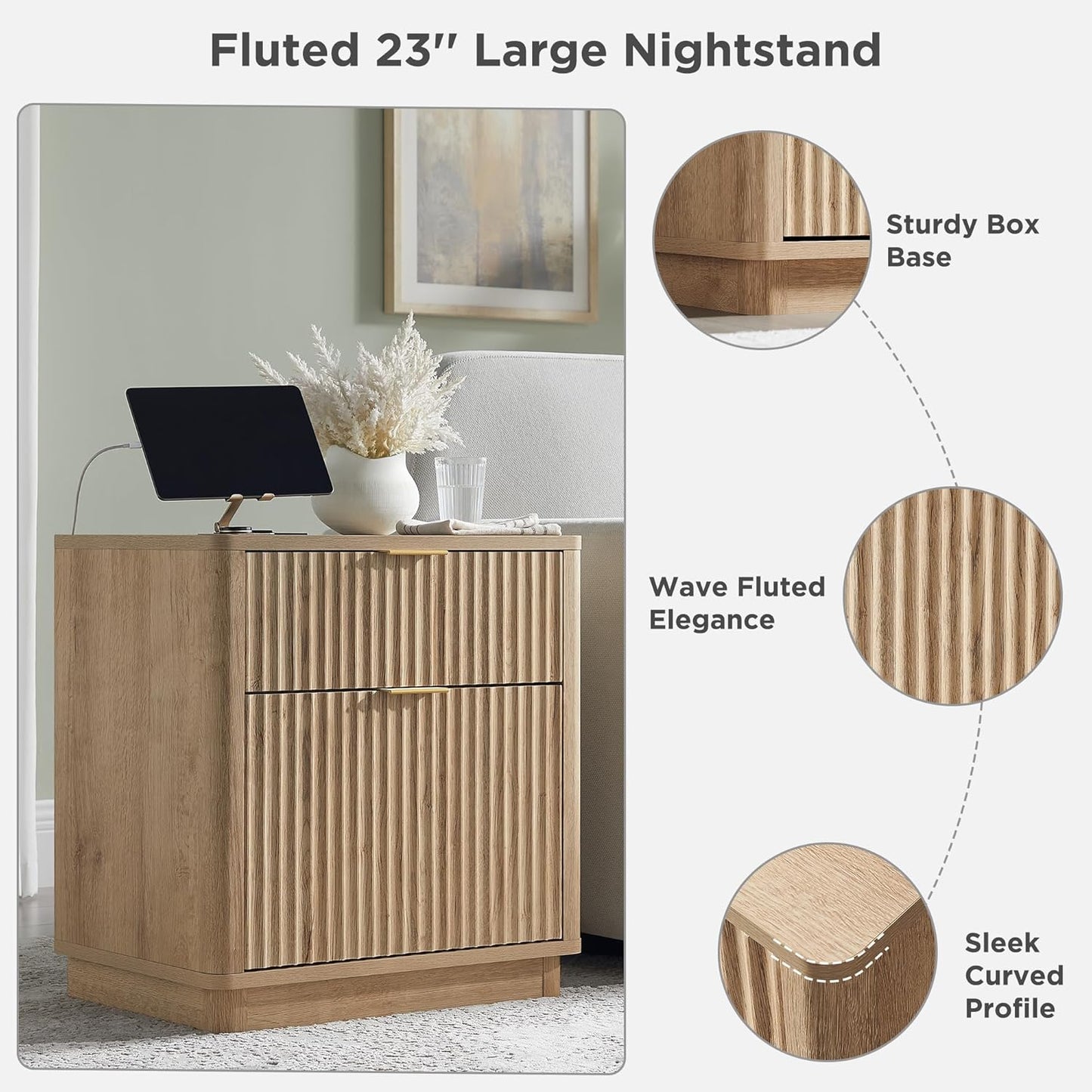 23'' Fluted Nightstand with Charging Station, Large 2 Drawer Bedside Table, Modern End Table with Storage, Mid Century Night Stand for Bedroom, Living Room, Curved Profile, Natural Oak