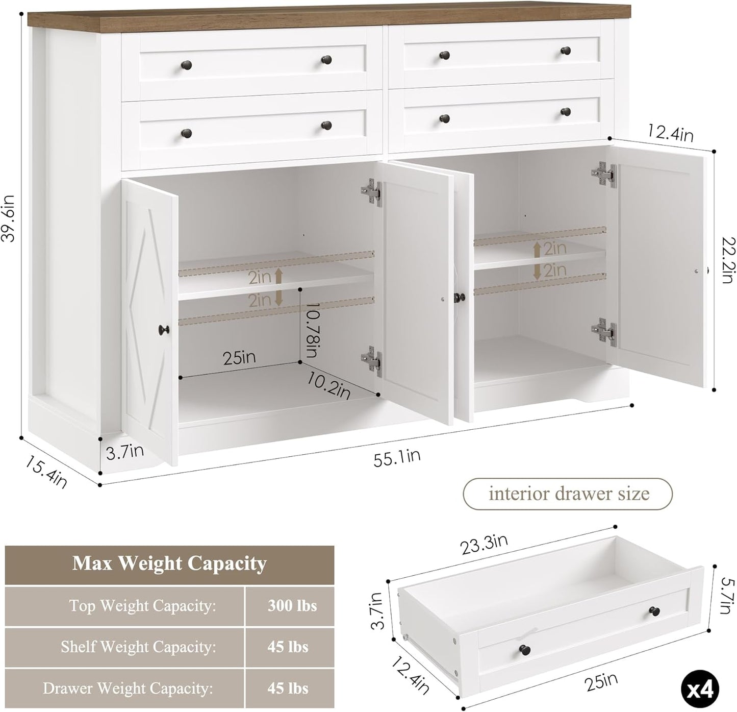 55" Coffee Bar with 4 Large Drawers, 40" Tall Buffet Cabinet with Storage, Kitchen Storage Cabinet, Modern Farmhouse Sideboard Buffet, Adjustable Shelves for Living Room, White