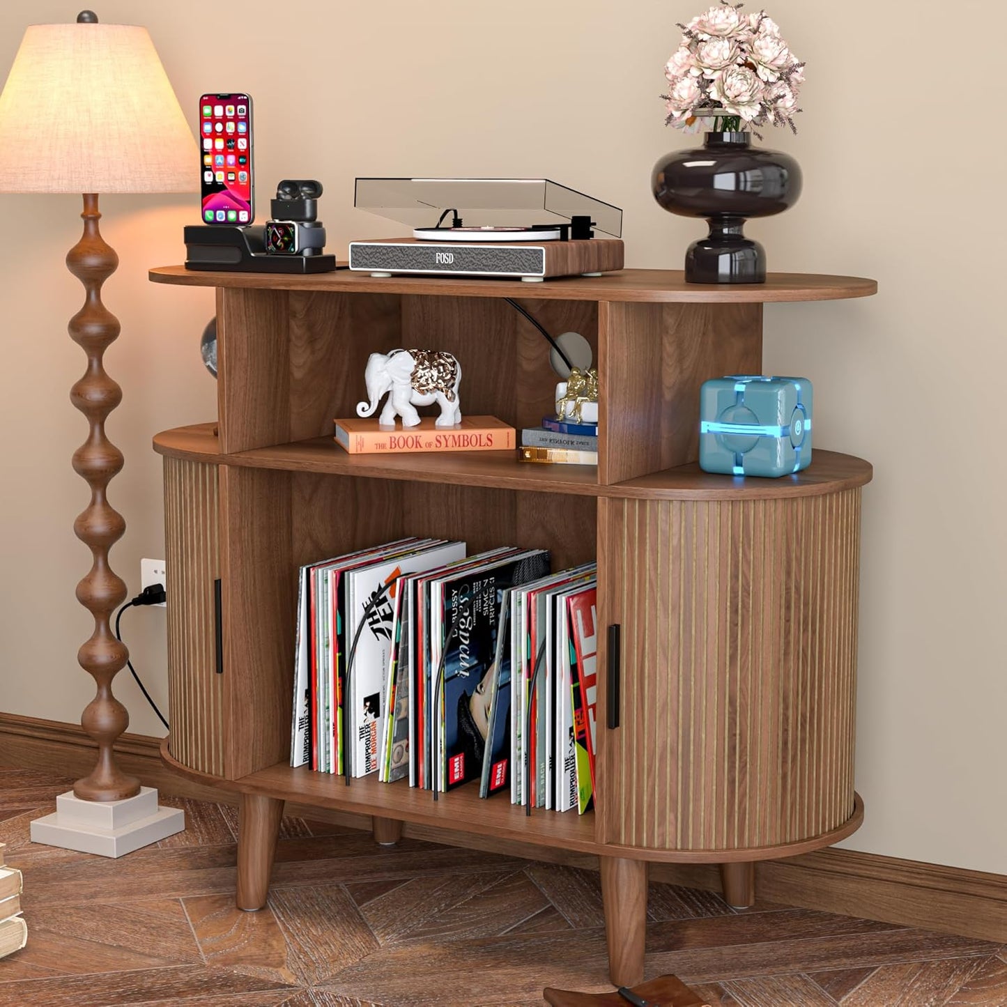 Large round Record Player Stand with Charging Station & USB Ports，Record Storage Cabinet, Mid Century Modern Turntable Stand for Bedroom Living Room (Small Brown)