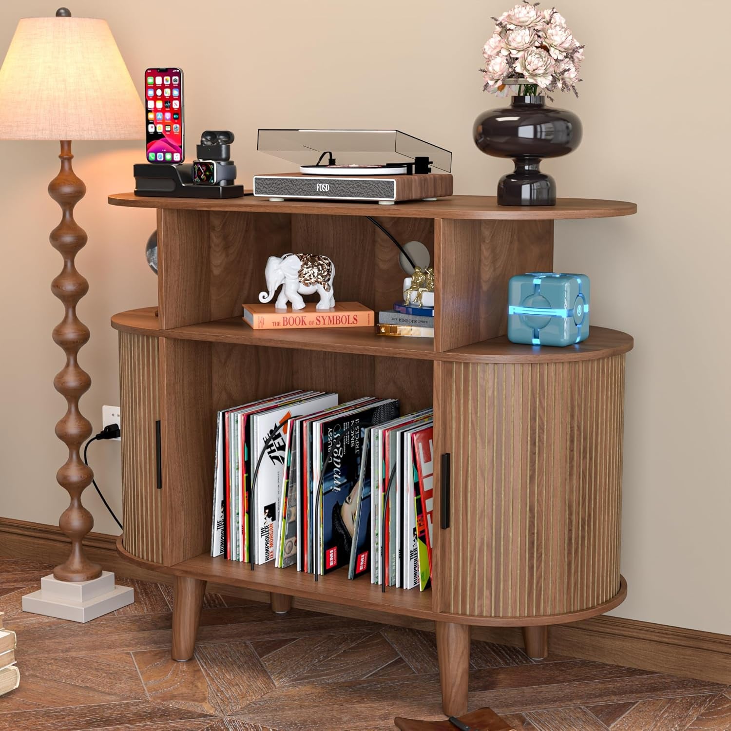 Large round Record Player Stand with Charging Station & USB Ports，Record Storage Cabinet, Mid Century Modern Turntable Stand for Bedroom Living Room (Small Brown)
