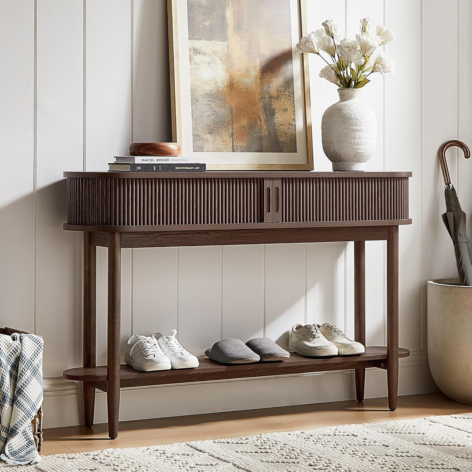 Fluted Console Table with Storage, Entryway Table Wood Entrance Tables for Front Door, behind Couch Sofa Table with Shelves, Foyer Tables for Hallways, Living Room Vintage Furniture, Walnut
