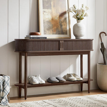 Fluted Console Table with Storage, Entryway Table Wood Entrance Tables for Front Door, behind Couch Sofa Table with Shelves, Foyer Tables for Hallways, Living Room Boho Furniture, Light Wood