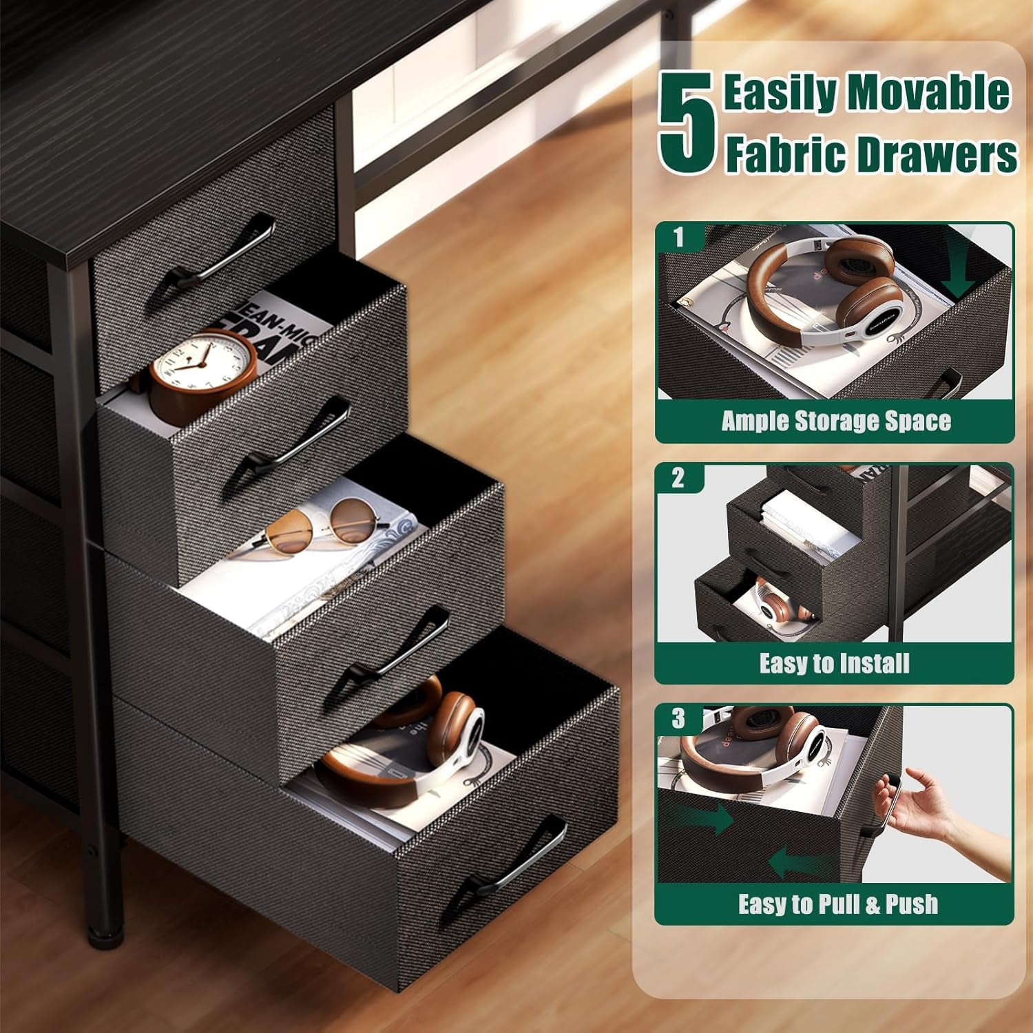 47 Inch Computer Desk with 5 Fabric Storage Drawers,Gaming Desk with Power Outlets & LED Lights,Reversible Home Office Desk with Monitor Stand for Working Writing Study, Black