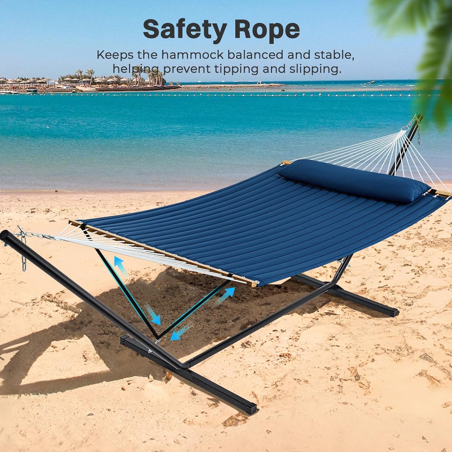 Hammock with Stand, 2 Person Quilted Outdoor Hammock, Detachable Pillow & Bamboo Spreaders, Portable Hammock with Carrying Bag, Heavy Duty Stand, Perfect for Outside, Patio, Navy Blue