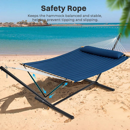 Hammock with Stand, 2 Person Quilted Outdoor Hammock, Detachable Pillow & Bamboo Spreaders, Portable Hammock with Carrying Bag, Heavy Duty Stand, Perfect for Outside, Patio, Navy Blue