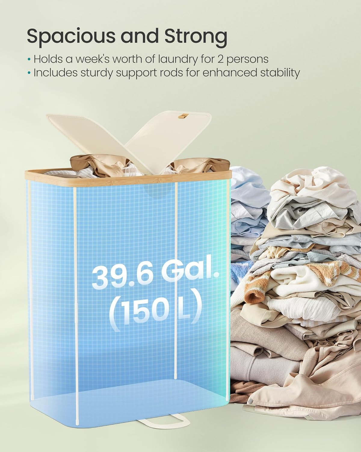 Laundry Hamper with Lids, Laundry Basket with 2 Compartments, 39 Gal. (150 L), Removable Liner Bag, for Laundry Room, Bedroom, Living Room, Cream White and Light Bamboo ULCB523W01
