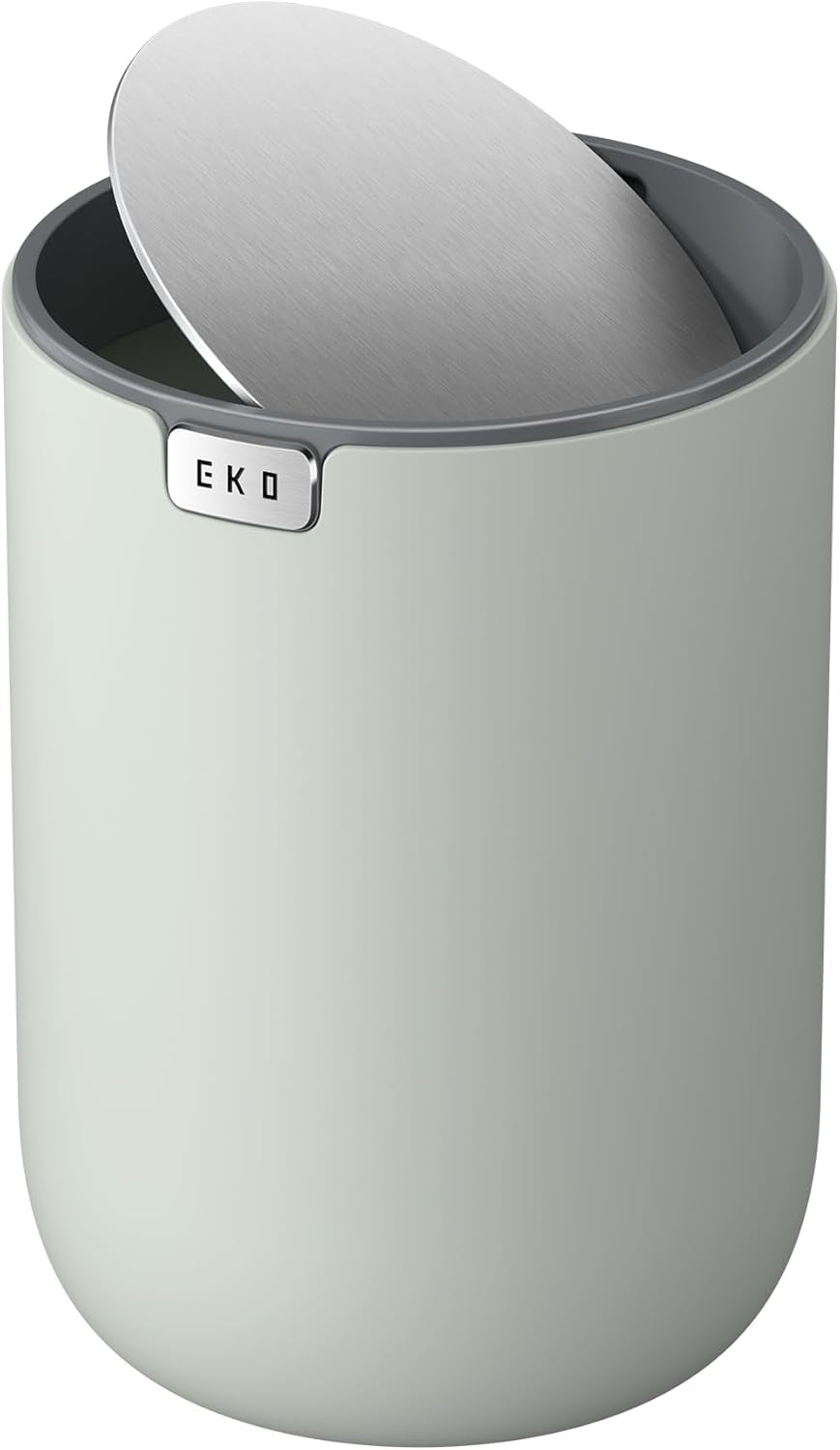 Mini Desk Trash Can with Swing-Top Lid 0.4 Gallon Small Table round Wastebasket for Office, Home, Car (Sage)