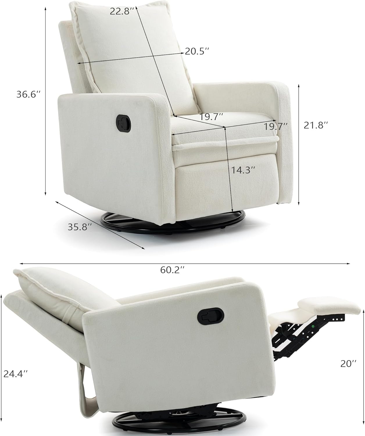 360° Swivel Rocking Chair Nursery Glider Recliner Nursery Chair Manual Swivel Rocker Recliner with High Backrest Armchair Comfy Side Modern Chair for Living Room (White)