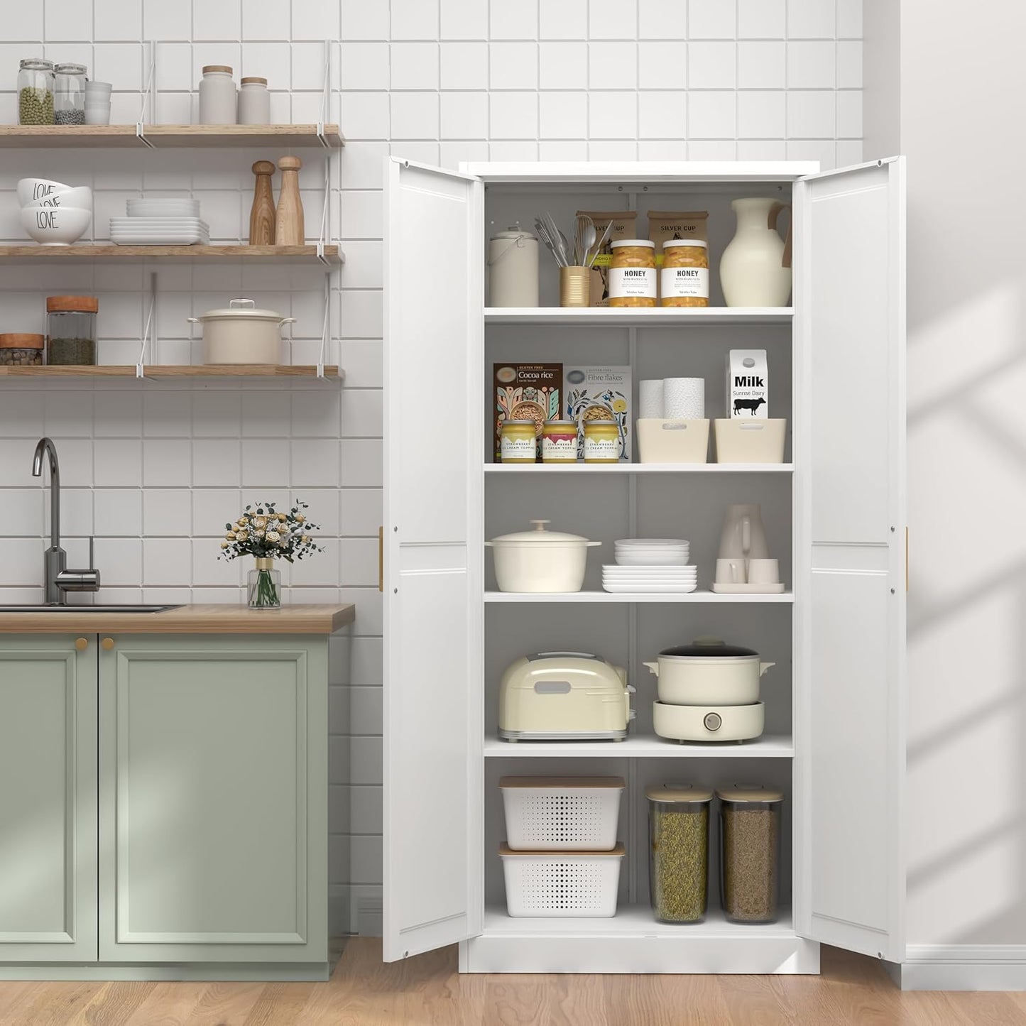 71" Kitchen Pantry Cabinet, Pantry Storage Cabinet with Doors and 4 Shelves, Metal Storage Cabinets for Kitchens, Living Room, Dinning Room, Assembly Required, White